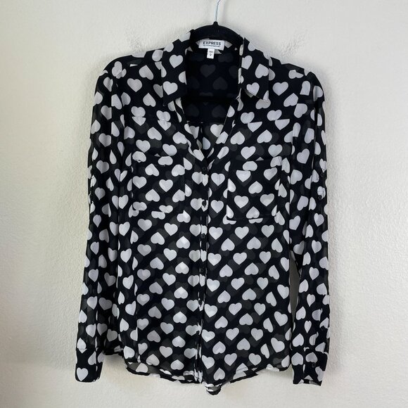 Express Portofino Shirt Womens Small Black White Heart Roll Tab Sleeve Blouse - Picture 1 of 9